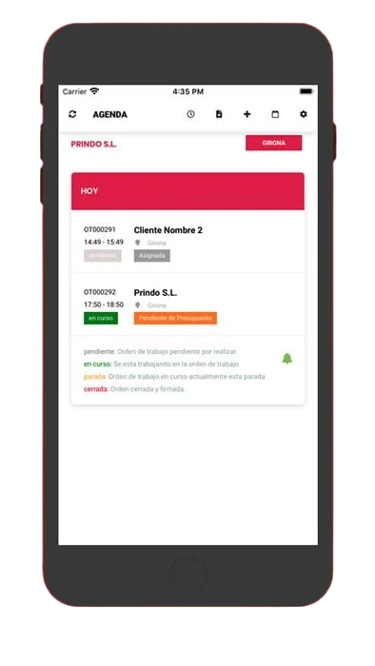 Agenda de técnicos en la app móvil AppSat con órdenes planificadas