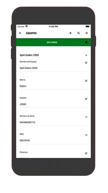 Ficha de equipo del cliente en la app móvil AppSat