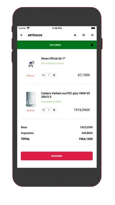 Artículos y materiales de una orden en AppSat móvil