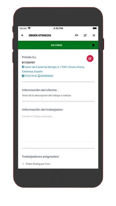 Detalle de una orden de trabajo en la app móvil AppSat