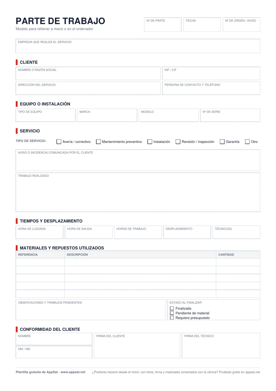 Modelo de parte de trabajo en PDF con apartados de cliente, equipo, trabajo realizado, tiempos, materiales y firma