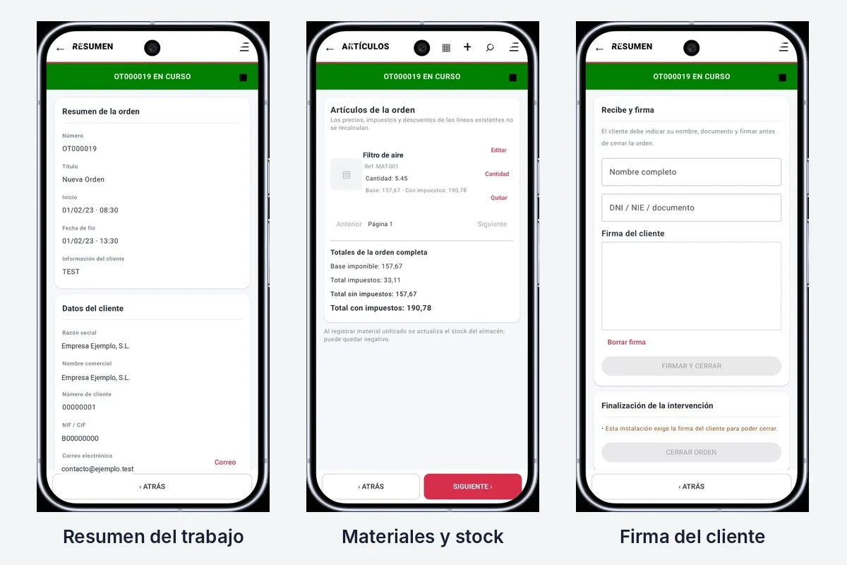 Resumen del trabajo, materiales y firma del cliente en la app móvil de partes de trabajo de AppSat