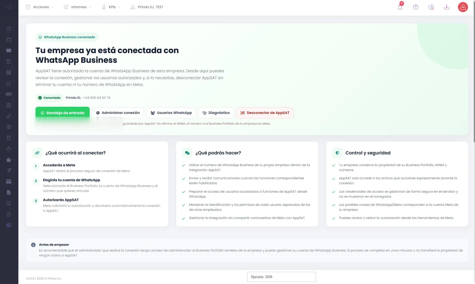 Pantalla de conexión de WhatsApp Business con AppSat y controles de administración de la integración