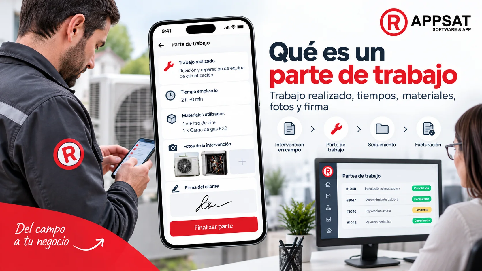 Técnico SAT cumplimentando un parte de trabajo desde el móvil tras una intervención