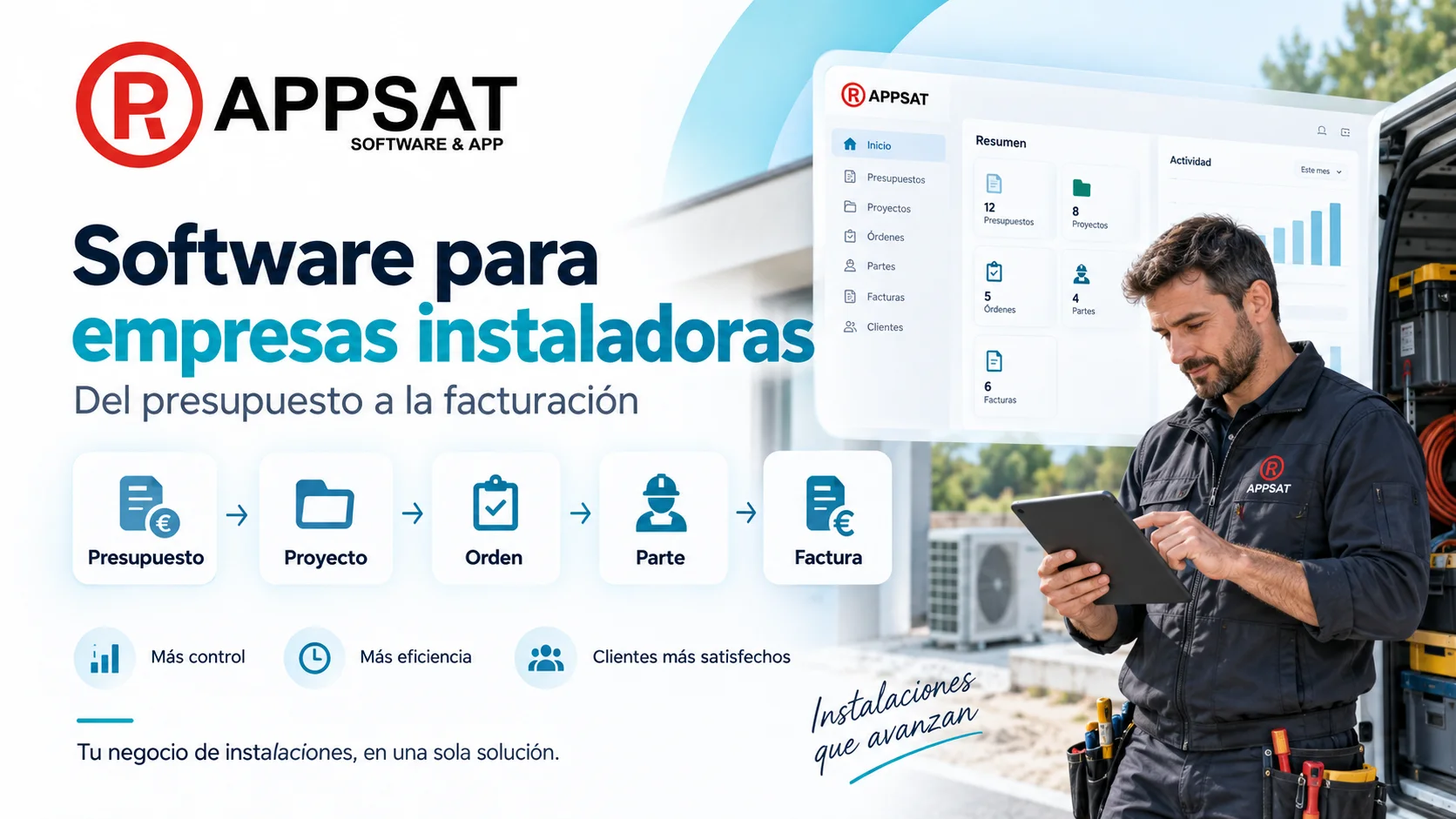 Software para empresas instaladoras con AppSat: presupuesto, proyecto, orden de trabajo, parte y factura