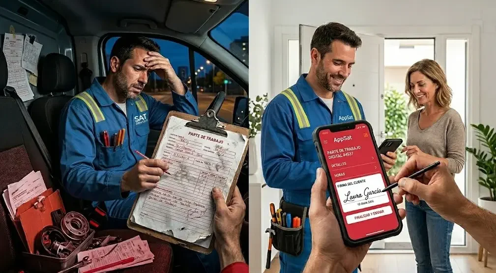 Técnico SAT cumplimentando un parte de trabajo desde el móvil tras una intervención