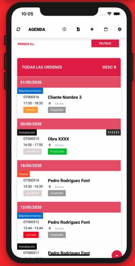Tipos de Orden de Trabajo en App Móvil