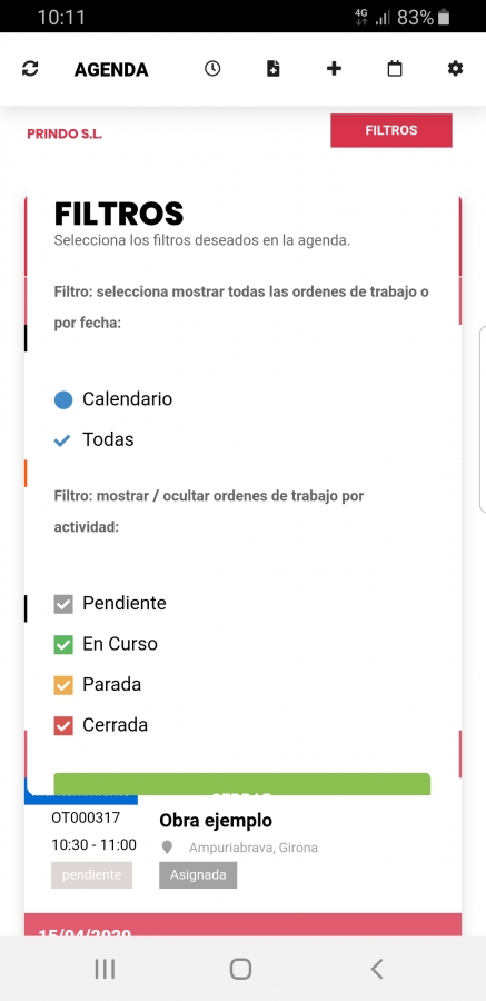 Filtros Agenda App Móvil
