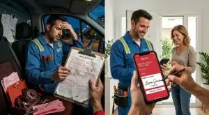 Técnico SAT cumplimentando un parte de trabajo desde el móvil tras una intervención
